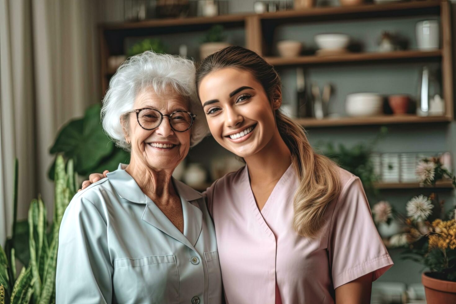 Compassionate caregiver with elderly client