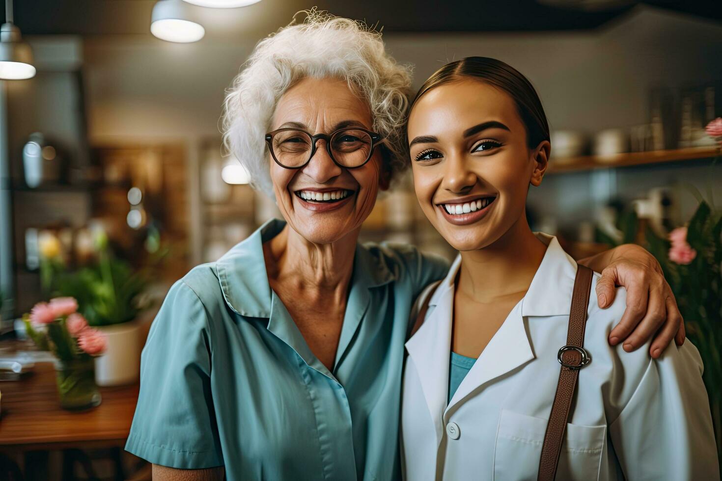 Professional caregiver with elderly client at home